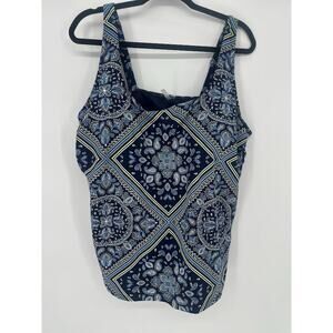 Lands' End Size 22W Paisley Floral Blue Underwire Padded Tankini Swim Top Modest